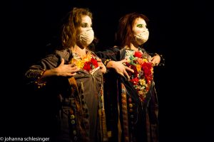 Deux interprètes masqués ouvrant leur veste sur des bouquets de fleurs de tissu — Kimonoshima